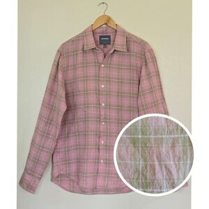 Bonobos Slim Fit Linen Blend Shirt Mens Size Large Long Pink Plaid Button Up